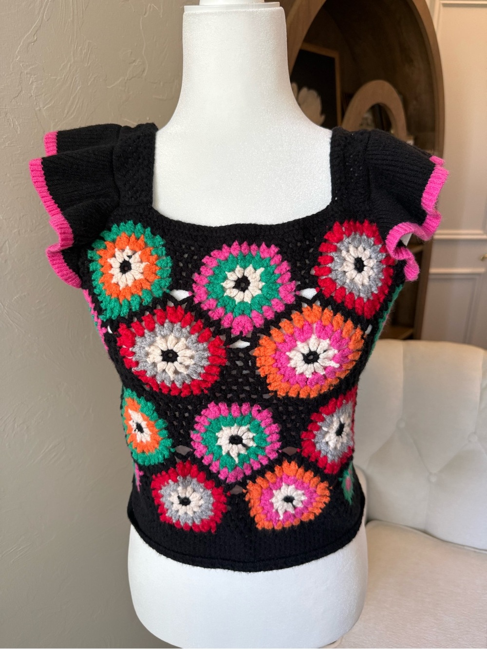 THML Crochet Granny Square Cropped Ruffle Top Colorful Boho Small